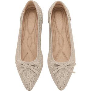 🆕Women Beige Knit Flats Pointed Toe Bow Ballet Shoes Comfortable Dressy Slip On